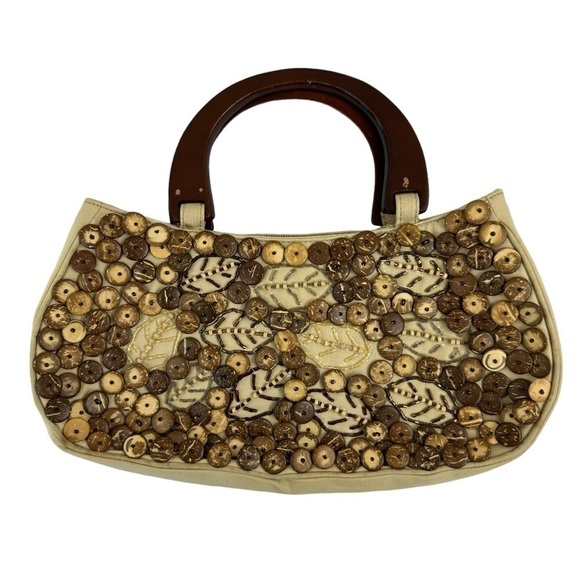 Coldwater Creek Buttons & Beads Canvas Handle Tan Handbag - Picture 3 of 7